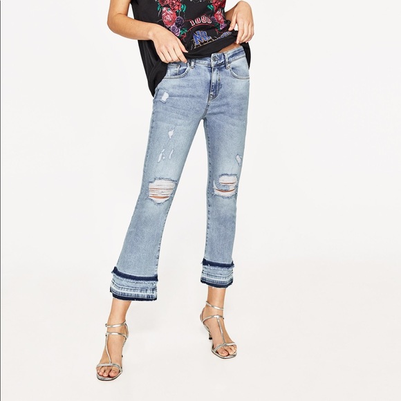 Zara Mid Rise Frayed Hem Cropped Distressed Jeans - Picture 1 of 9